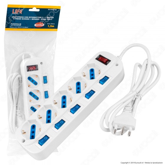 Life Multipresa 5 Posti Colore Bianco con Interruttori Singoli e Life Multipresa 5 Posti Colore Bianco con Interruttori Singoli e