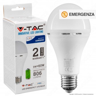 V-Tac PRO VT-2309 Lampadina LED E27 9W Bulb A70 Luce Emergenza Anti Black-Out - SKU 2371 / 2372 / 2373