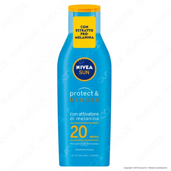 Nivea Sun Latte Solare Protect & Bronze Pro-Melanina Idratante Resistente all'Acqua FP 20 - Flacone da 200ml
