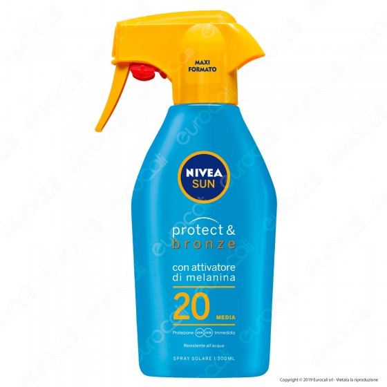 Nivea Sun Spray Trigger Latte Solare Protect & Bronze con Attivatore di Melanina FP 20 - Flacone da 300ml Nivea Sun Spray Trigger Latte Solare Protect & Bronze con Attivatore di Melanina FP 20 - Flacone da 300ml