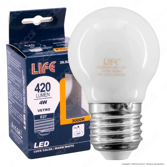 Life Lampadina LED E27 Filament 4W MiniGlobo G45 Milky Vetro - mod. Life Lampadina LED E27 Filament 4W MiniGlobo G45 Milky Vetro - mod.
