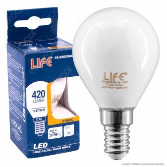 Life Lampadina LED E14 Filament 4W MiniGlobo P45 Vetro Bianco - mod.