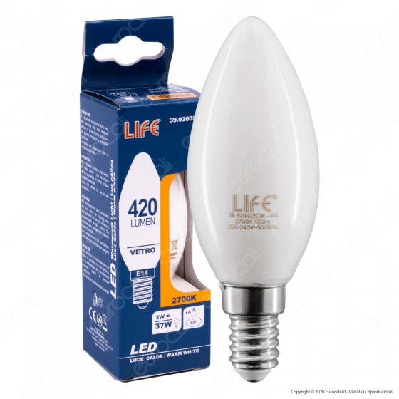 Life Lampadina LED E14 Filament 4W Candela Vetro Bianco - mod. Life Lampadina LED E14 Filament 4W Candela Vetro Bianco - mod.