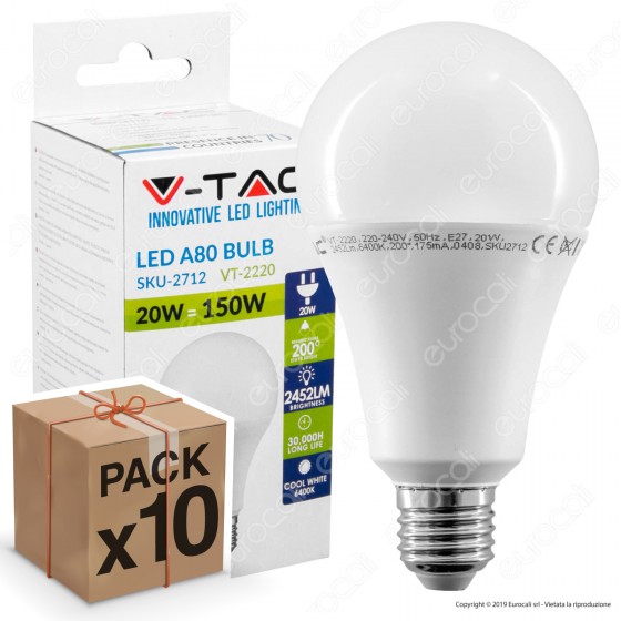 10 Lampadine LED V-Tac VT-2220 E27 20W Bulb A80 - Pack Risparmio