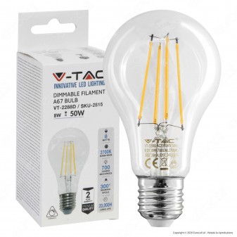 V-Tac VT-2288D Lampadina LED Filament E27 8W Bulb A67 Dimmerabile - SKU 2815
