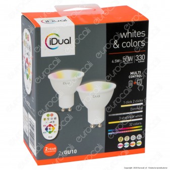 iDual Kit 2 Lampadine LED GU10 Faretti 100° Multifunzione RGB+W 4,5W con Telecomando - mod. JE001820200
