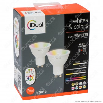 iDual Kit 2 Lampadine LED GU10 Faretti 100° Multifunzione RGB+W 4,5W