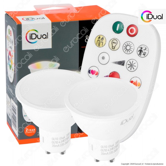 iDual Kit 2 Lampadine LED GU10 Faretti 100° Multifunzione RGB+W 4,5W iDual Kit 2 Lampadine LED GU10 Faretti 100° Multifunzione RGB+W 4,5W