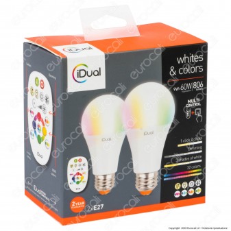 iDual Kit da 2 Lampadine LED E27 Bulb A60 Multifunzione RGB+W 9W con