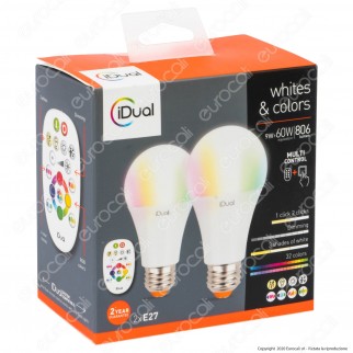 iDual Kit da 2 Lampadine LED E27 Bulb A60 Multifunzione RGB+W 9W con