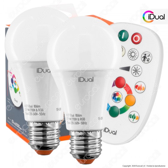 iDual Kit da 2 Lampadine LED E27 Bulb A60 Multifunzione RGB+W 9W con iDual Kit da 2 Lampadine LED E27 Bulb A60 Multifunzione RGB+W 9W con