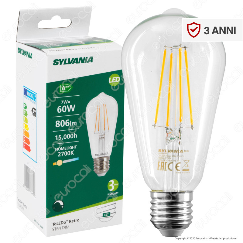 Sylvania ToLEDo Retro Lampadina LED E27 7W Bulb ST64 Filament