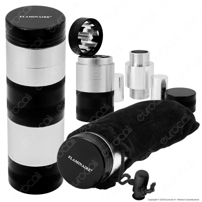 Grinder Tritatabacco Flaminaire Tower 4 Parti in Metallo + Pressa Grinder Tritatabacco Flaminaire Tower 4 Parti in Metallo + Pressa