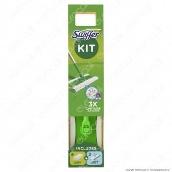 Swiffer Starter Kit Scopa con 8 Panni Catturapolvere e 3 Panni Umidi
