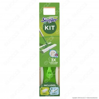 Swiffer Starter Kit Scopa con 8 Panni Catturapolvere e 3 Panni Umidi