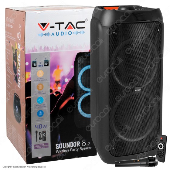 V-Tac Audio VT-6308-2 Soundor 8x2 Cassa Attiva 40W con Bluetooth Karaoke LED RGB Telecomando e Microfono - SKU 8980