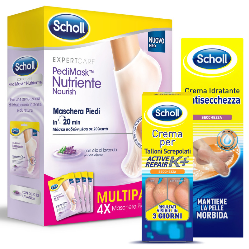 Kit Scholl Pedimask Olio di Lavanda, Crema K+ Per Talloni Screpolati