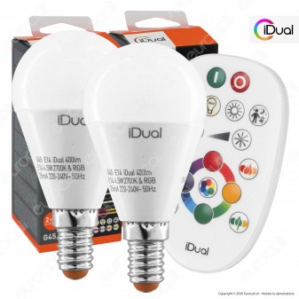 Kit iDual 2 Lampadine LED E14 MiniGlobo P45 Multifunzione RGB+W 4,5W con Telecomando