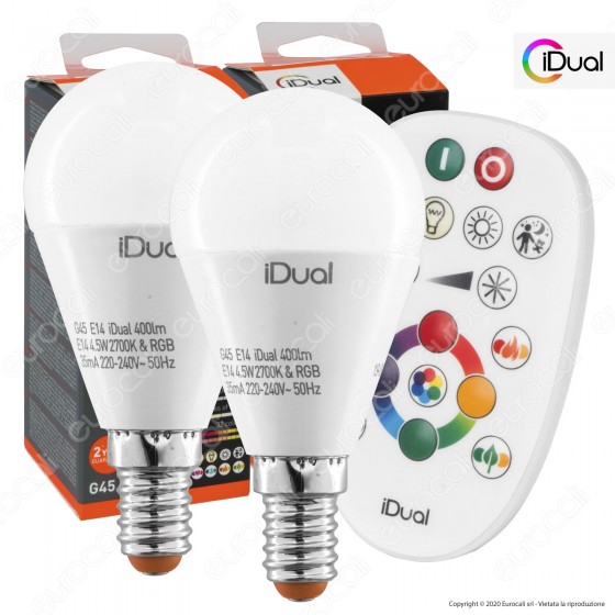 Kit iDual 2 Lampadine LED E14 MiniGlobo P45 Multifunzione RGB+W 4,5W Kit iDual 2 Lampadine LED E14 MiniGlobo P45 Multifunzione RGB+W 4,5W