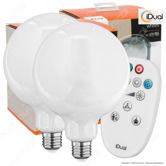 Kit iDual 2 Lampadine LED E27 Filament 9W Globo G125 Changing Color Dimmerabile in Vetro Bianco con Telecomando