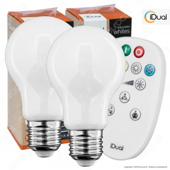 Kit iDual 2 Lampadine LED E27 Filament 9W Bulb A60 Changing Color Dimmerabile in Vetro Bianco con Telecomando