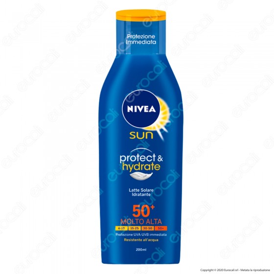 Nivea Sun Latte Solare Protect & Hydrate Crema Idratante Resistente all'Acqua FP 50+ - Flacone da 200ml Nivea Sun Latte Solare Protect & Hydrate Crema Idratante Resistente all'Acqua FP 50+ - Flacone da 200ml