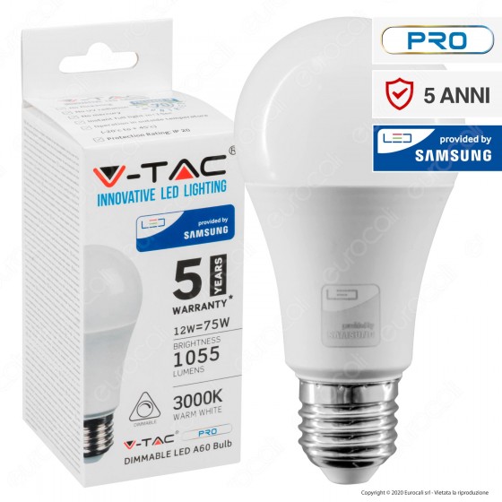 V-Tac PRO VT-262D Lampadina LED E27 12W Bulb A60 Dimmerabile - SKU V-Tac PRO VT-262D Lampadina LED E27 12W Bulb A60 Dimmerabile - SKU