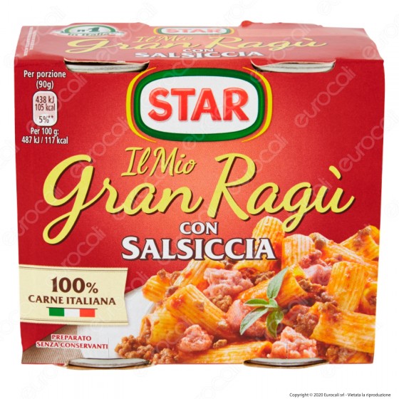 Star Il Mio Gran Ragù con Salsiccia Sugo Pronto con Pomodoro e Carne Suina Italiana - 2 Lattine da 180g Star Il Mio Gran Ragù con Salsiccia Sugo Pronto con Pomodoro e Carne Suina Italiana - 2 Lattine da 180g