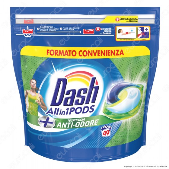 Dash All in 1 Pods Anti Odore Detersivo in Capsule - Confezione da 49 Pastiglie