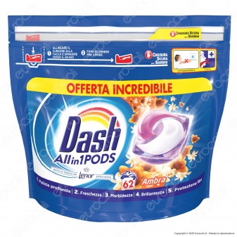 Dash All in 1 Pods all'Ambra Detersivo in Capsule - Confezione da 62