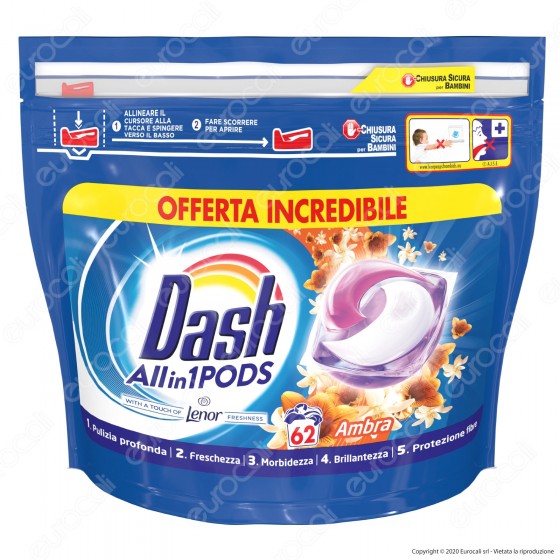 Dash All in 1 Pods all'Ambra Detersivo in Capsule - Confezione da 62 Dash All in 1 Pods all'Ambra Detersivo in Capsule - Confezione da 62