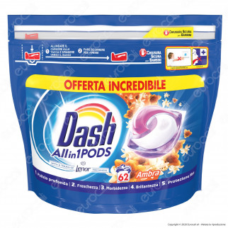 Dash All in 1 Pods all'Ambra Detersivo in Capsule - Confezione da 62