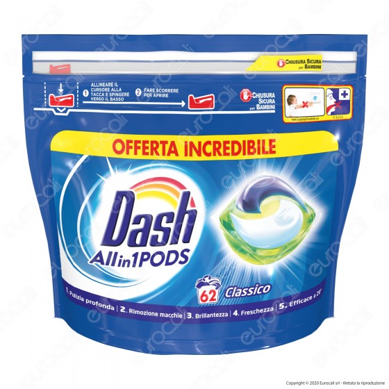 Dash All in 1 Pods Classico Detersivo in Capsule - Confezione da 62 Dash All in 1 Pods Classico Detersivo in Capsule - Confezione da 62