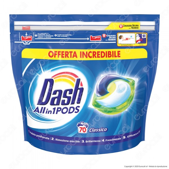 Dash All in 1 Pods Classico Detersivo in Capsule - Confezione da 70 Dash All in 1 Pods Classico Detersivo in Capsule - Confezione da 70