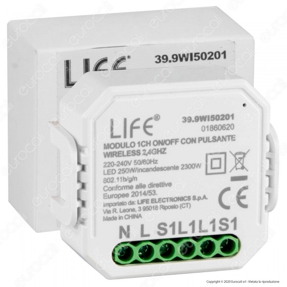 Life Modulo 1CH Ricevitore Interruttore ON/OFF Wi-Fi con Pulsante - Life Modulo 1CH Ricevitore Interruttore ON/OFF Wi-Fi con Pulsante -