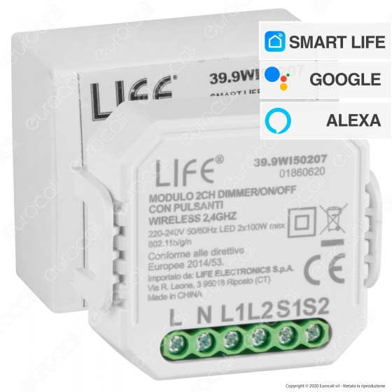 Life Modulo 2CH Ricevitore Interruttore Dimmer/ON/OFF Wi-Fi con Life Modulo 2CH Ricevitore Interruttore Dimmer/ON/OFF Wi-Fi con