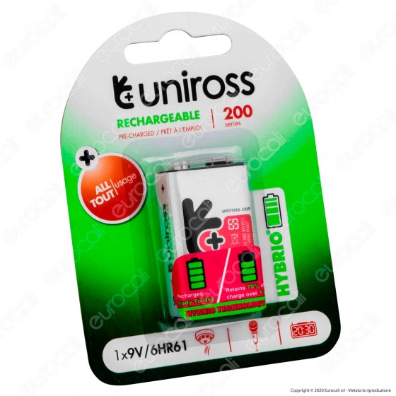 Uniross Pila Ricaricabile Hybrio 9V /6HR61 / PP3 Ni-MH 190mAh - Uniross Pila Ricaricabile Hybrio 9V /6HR61 / PP3 Ni-MH 190mAh -