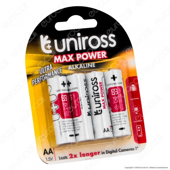 Uniross Pile Alcaline Max Power AA / LR6 / Stilo / Mignon 1,5V - Blister da 4 Batterie