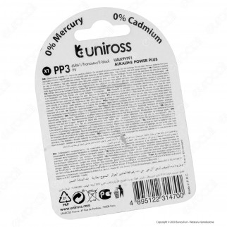 Uniross Pila Alcalina Power Plus PP3 / 6LR61 / Transistor / E-block
