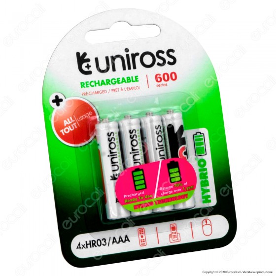 Uniross Pile Ricaricabili Hybrio AAA / HR03 Ni-MH 1,2V 550mAh - Uniross Pile Ricaricabili Hybrio AAA / HR03 Ni-MH 1,2V 550mAh -