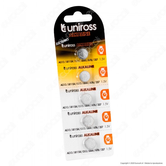 UNIROSS PILE ALCALINE A BOTTONE AG10 / LR1130 / G10 / LR54 / 189 / 389 1,5V  - BLISTER DA 5 BATTERIE