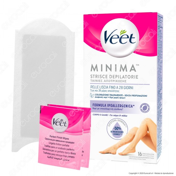 Veet Minima Strisce Depilatorie Corpo con Formula Ipoallergenica - Confezione 16pz Veet Minima Strisce Depilatorie Corpo con Formula Ipoallergenica - Confezione 16pz