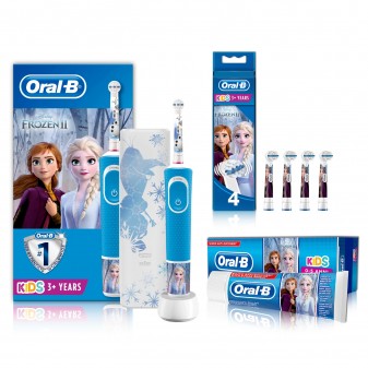 Kit Oral-B Spazzolino Elettrico Ricaricabile Vitality Frozen per Bambini + 4 Testine di Ricambio Stages Power + Dentifricio
