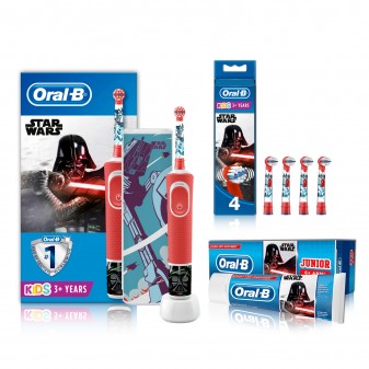 Kit Oral-B Spazzolino Elettrico Ricaricabile Vitality Star Wars + 4 Testine di Ricambio Stages Power + Dentifricio