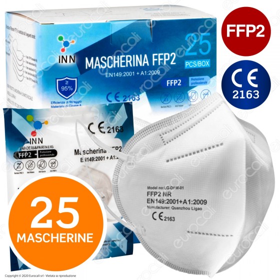 25 Mascherine Filtranti Multistrato Monouso con Fattore Classe di Protezione Certificato FFP2 NR in TNT Colore Bianco