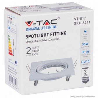 V-Tac VT-817 Portafaretto Orientabile Quadrato da Incasso per Lampadine GU10 Colore Bianco Super Saver Pack da 2 - SKU 8941