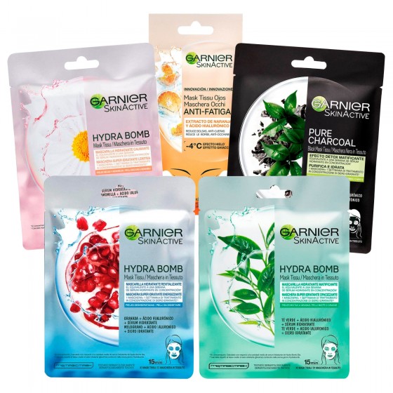 Garnier Kit Maschere in Tessuto Hydra Bomb e Maschera Occhi 5 Pezzi. Garnier Kit Maschere in Tessuto Hydra Bomb e Maschera Occhi 5 Pezzi.