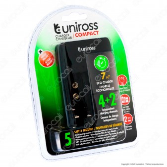 Uniross Caricabatterie Compact 4+2 per Batterie Ricaricabili AA / HR6 - AAA / HR03 - 9V / PP3 e Cavo Micro USB