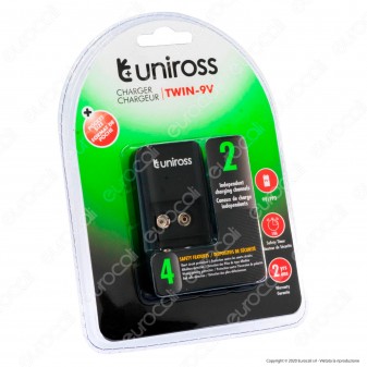 Uniross Caricabatterie Tascabile Twin-9V per 2 Batterie Ricaricabili 9V / PP3 e Cavo Micro USB