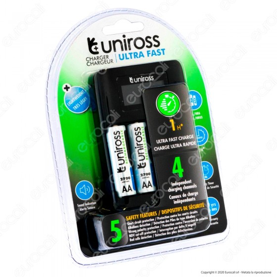 Uniross Caricabatterie Ultra Fast Rapido per AA / HR6 - AAA / HR03 con 4 Batterie AA 2700 Series e Cavo Micro USB
